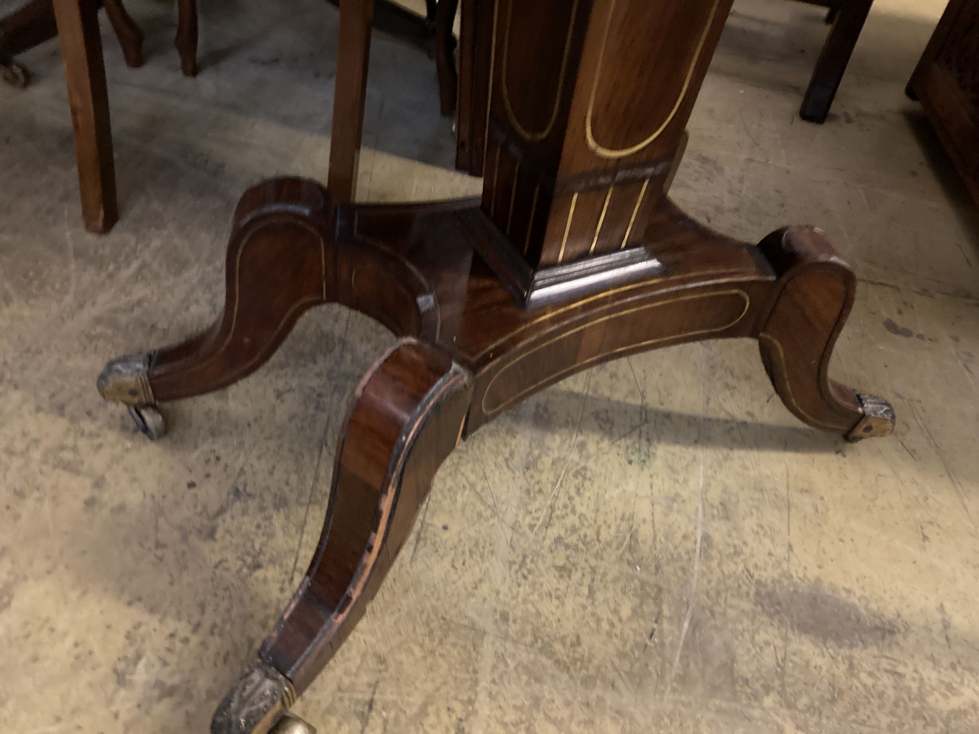 A Regency brass inlaid rosewood folding card table, width 91cm, depth 45cm, height 74cm